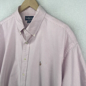 RALPH LAUREN Shirt Mens XL BLAKE Oxford Stripe Button Down Short Sleeve Pink